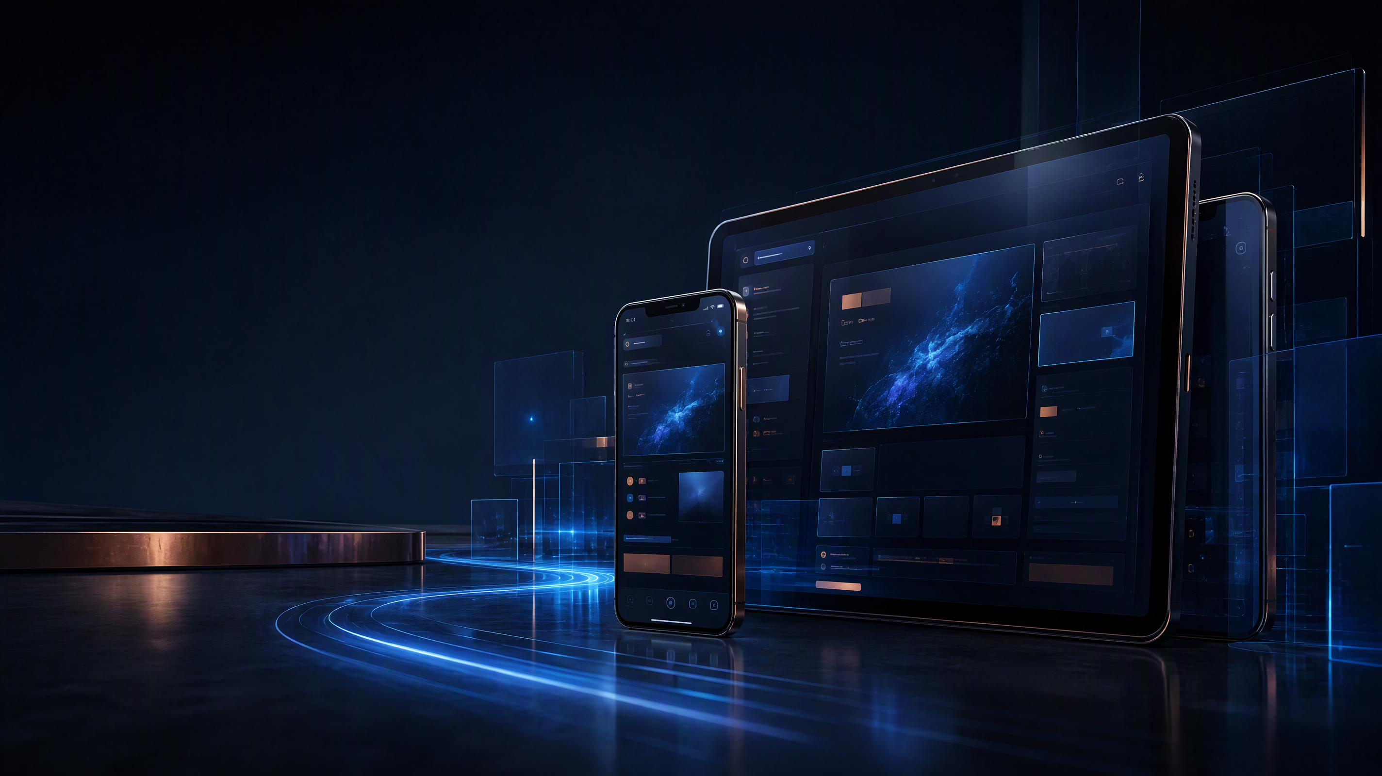 A mobile application workflow shown across connected screens